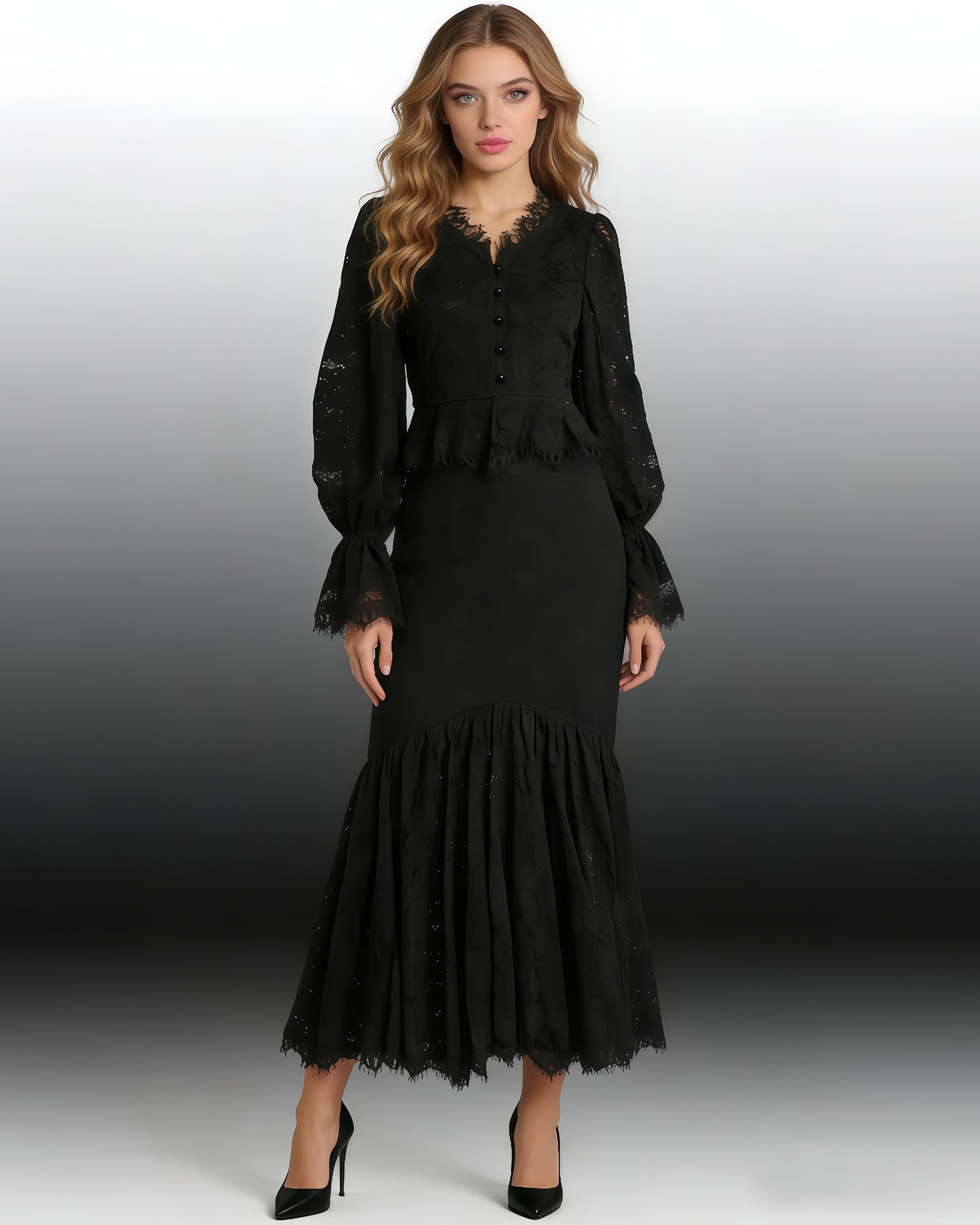 Black V-Neck Lace Flare Sleeve Mermaid Skirt Set