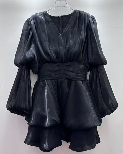 Black V-Neck Ruched Puff Sleeve Dress