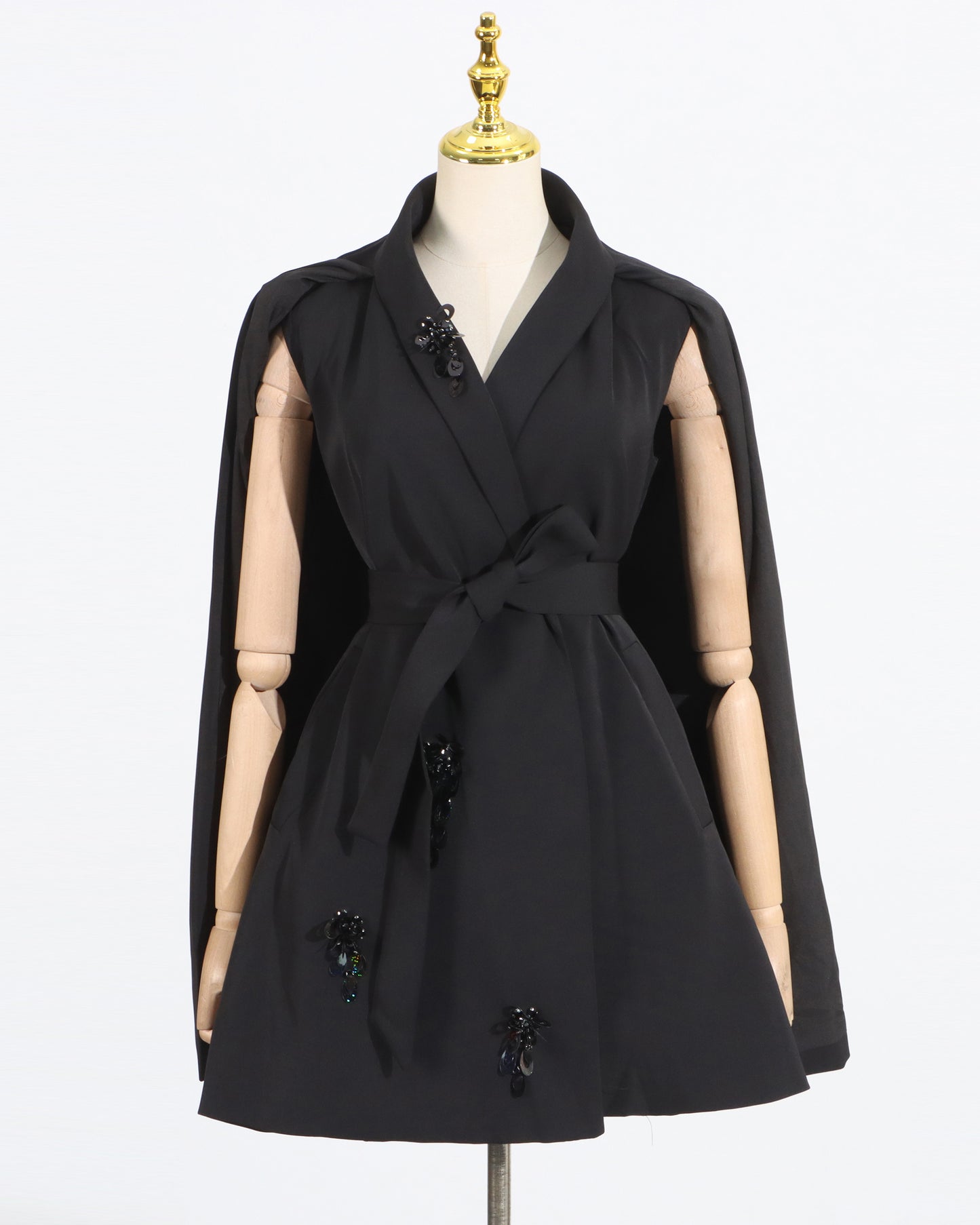 Black V-Neck Waist Cinched Cape Jacket