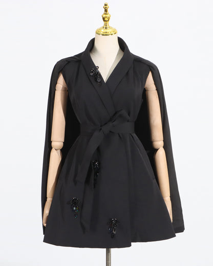 Black V-Neck Waist Cinched Cape Jacket