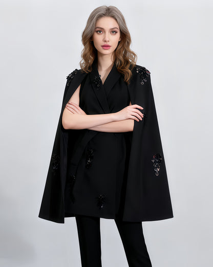 Black V-Neck Waist Cinched Cape Jacket
