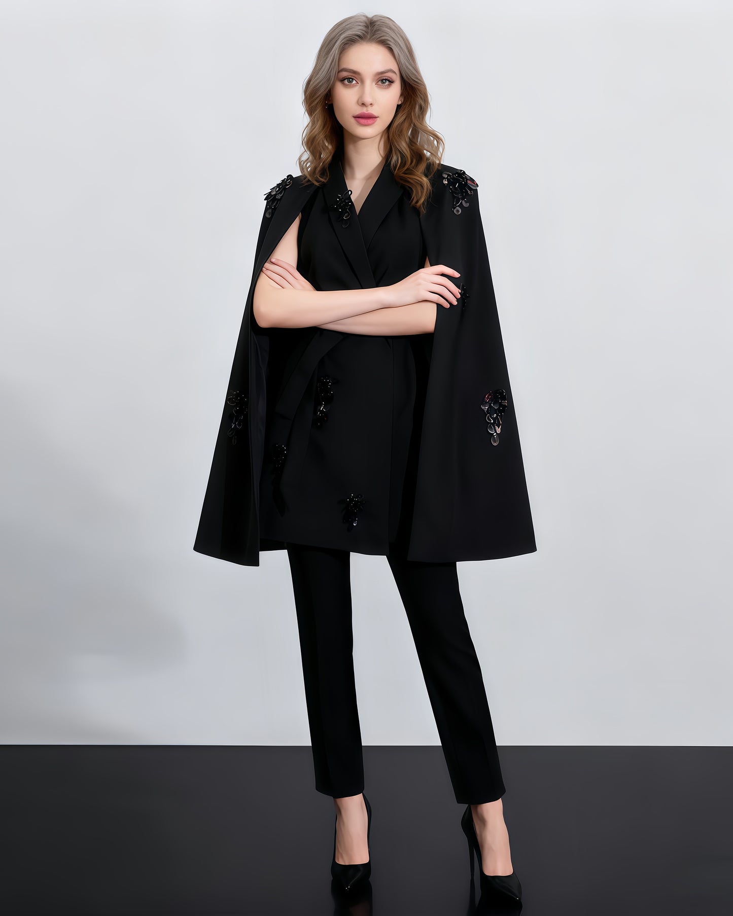 Black V-Neck Waist Cinched Cape Jacket
