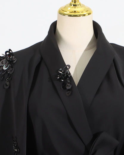 Black V-Neck Waist Cinched Cape Jacket