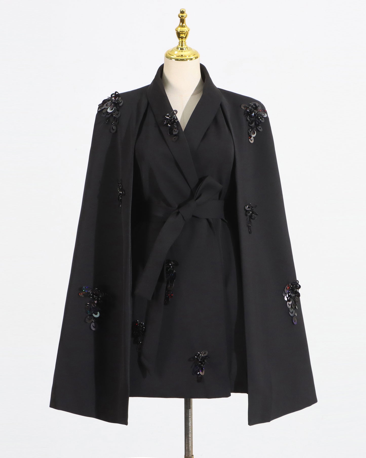 Black V-Neck Waist Cinched Cape Jacket