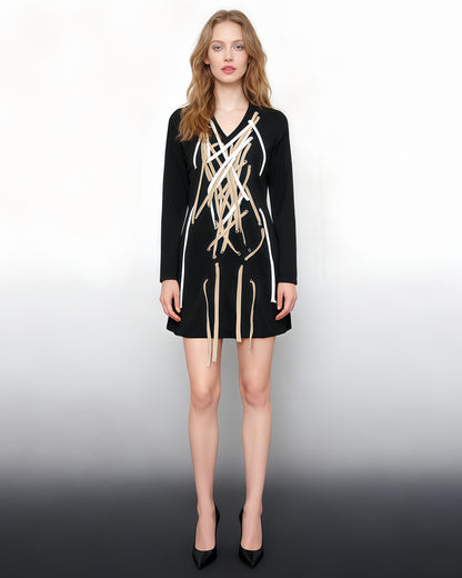 Black V-neck Lace-Up Mini Dress