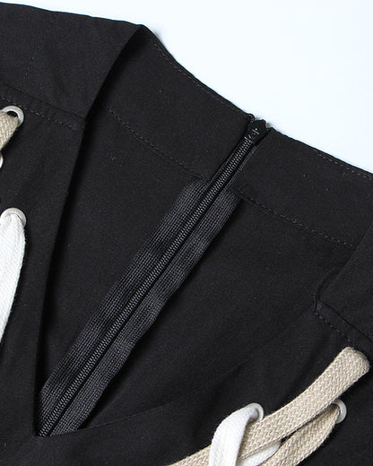 Black V-neck Lace-Up Mini Dress