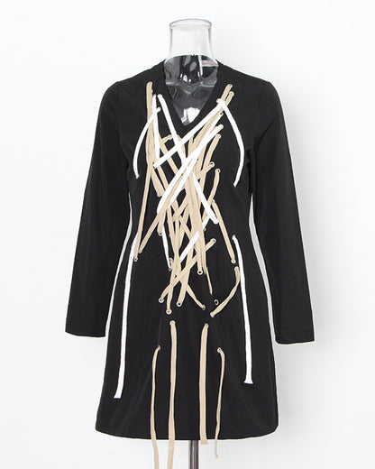 Black V-neck Lace-Up Mini Dress