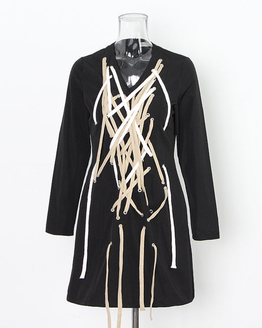 Black V-neck Lace-Up Mini Dress