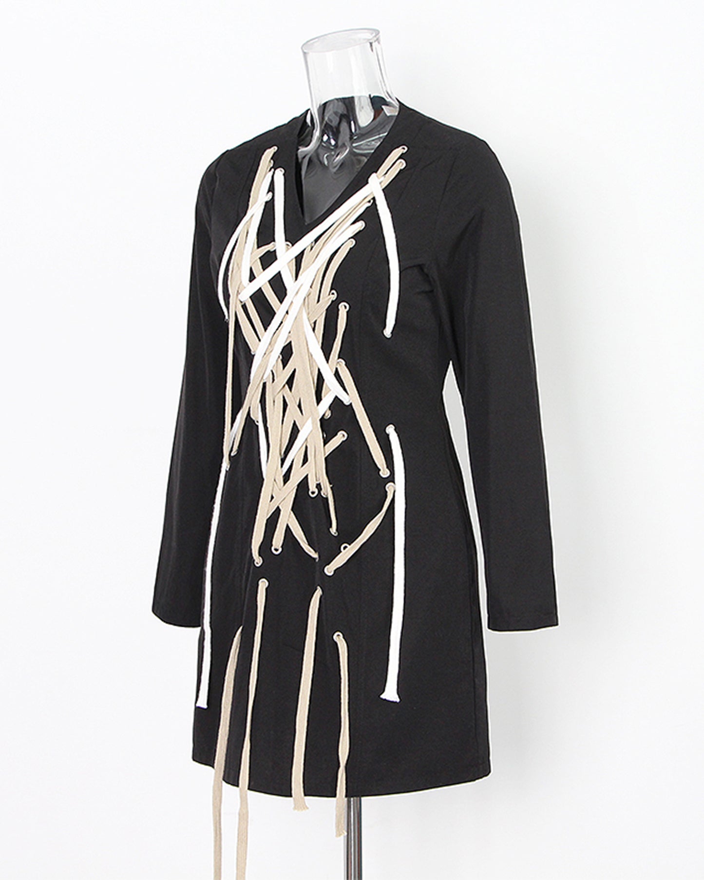 Black V-neck Lace-Up Mini Dress