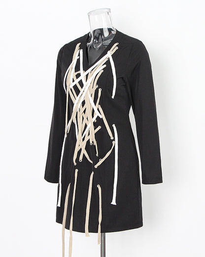 Black V-neck Lace-Up Mini Dress