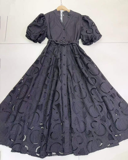 Black V Neck Puff Sleeve Tunic Midi Dress