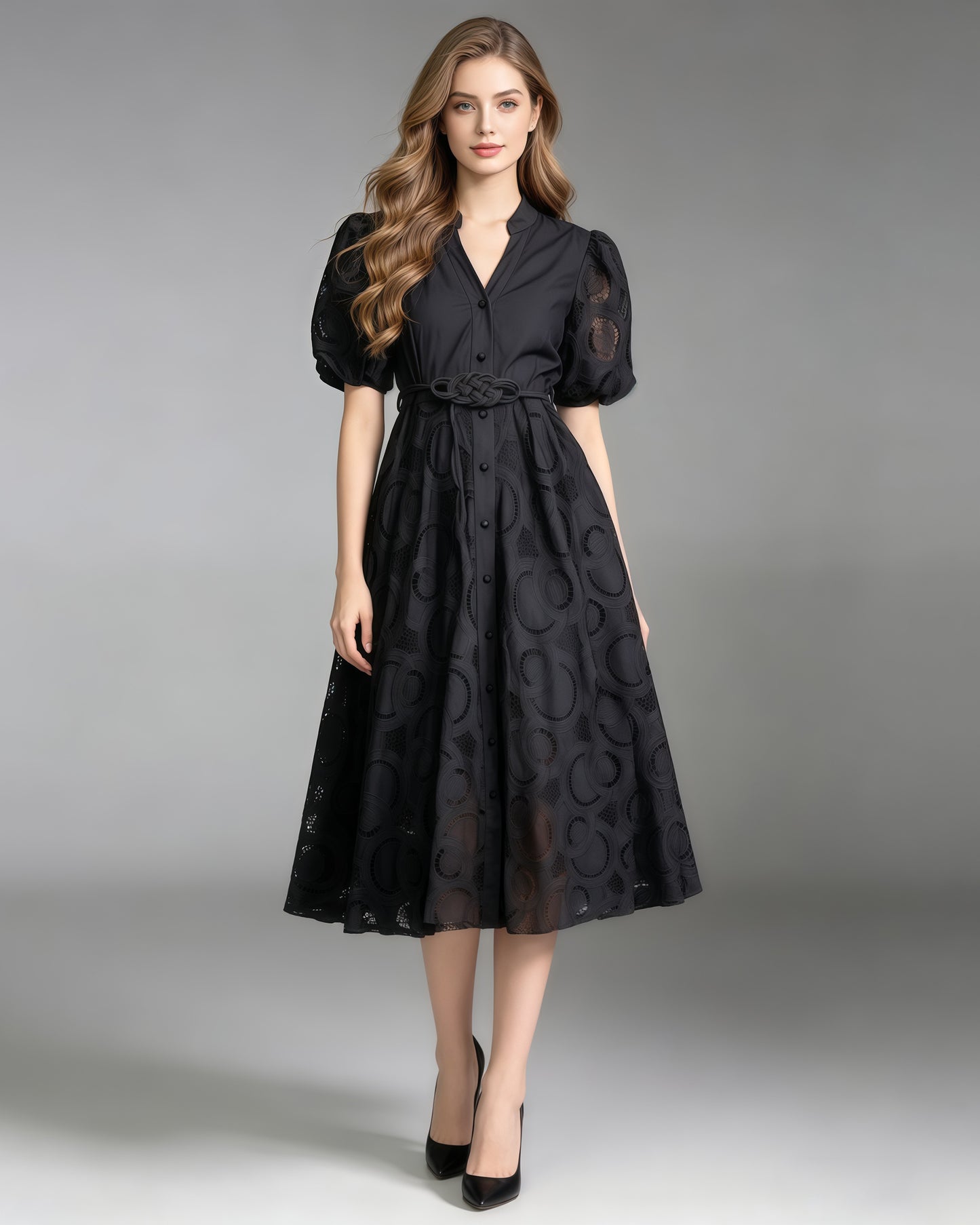 Black V Neck Puff Sleeve Tunic Midi Dress