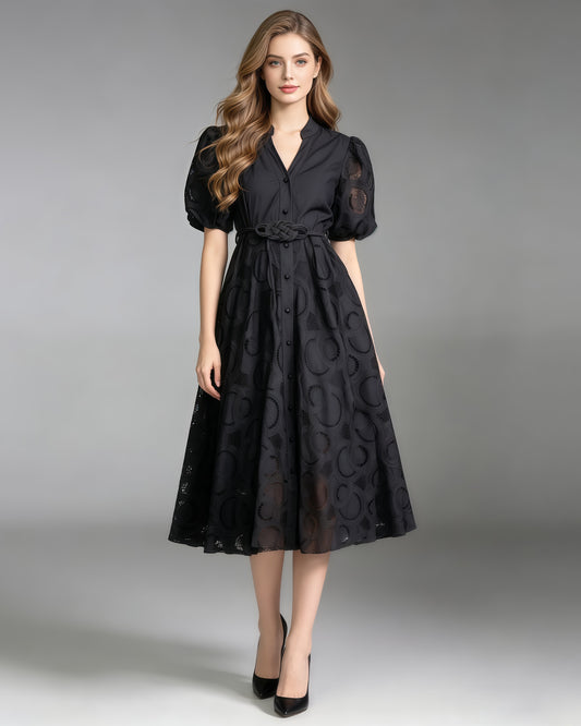 Black V Neck Puff Sleeve Tunic Midi Dress