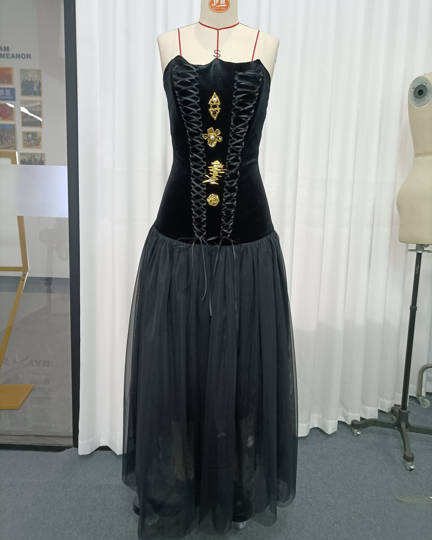 Black Velvet Lace-Up Gold Accent Tulle Maxi Dress