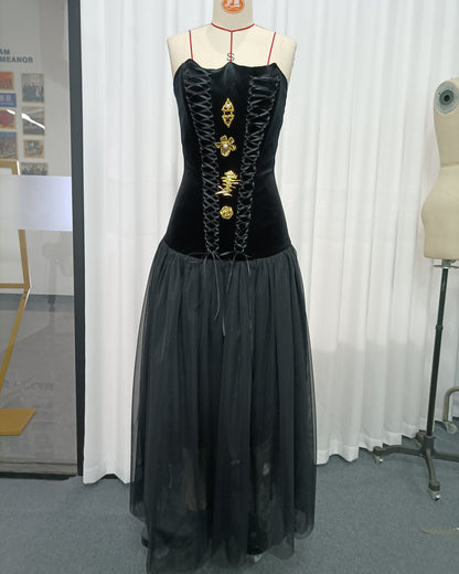 Black Velvet Lace-Up Gold Accent Tulle Maxi Dress