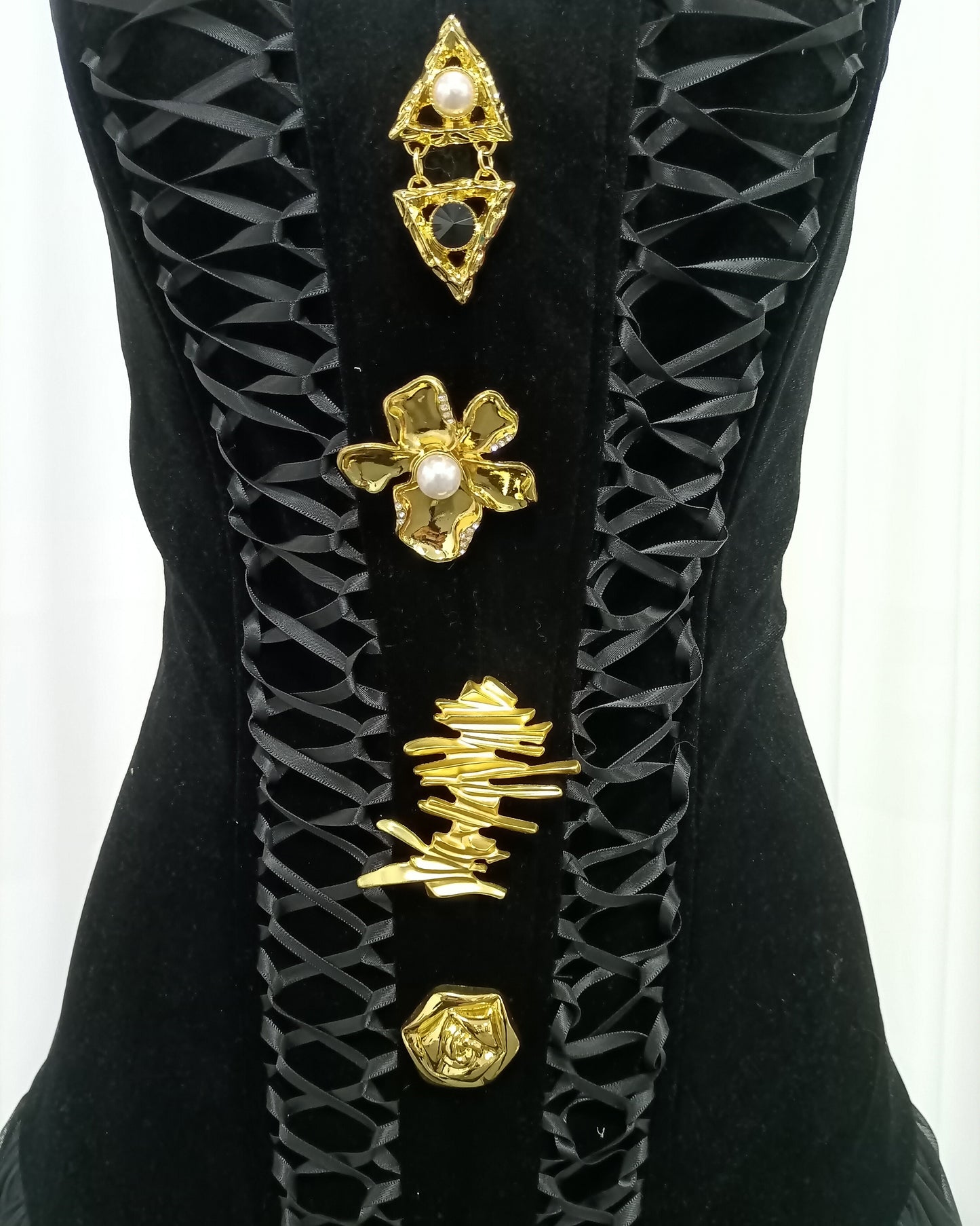 Black Velvet Lace-Up Gold Accent Tulle Maxi Dress