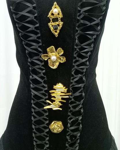 Black Velvet Lace-Up Gold Accent Tulle Maxi Dress