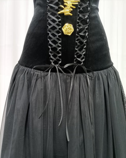 Black Velvet Lace-Up Gold Accent Tulle Maxi Dress