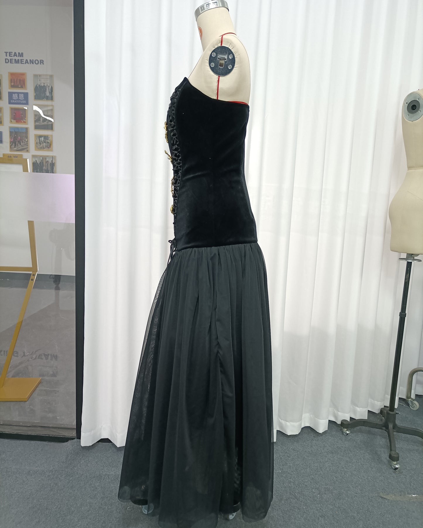 Black Velvet Lace-Up Gold Accent Tulle Maxi Dress