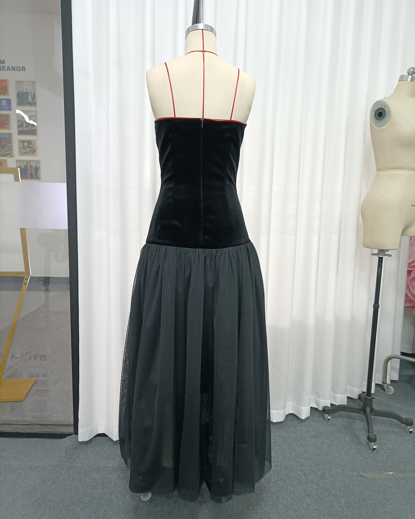 Black Velvet Lace-Up Gold Accent Tulle Maxi Dress