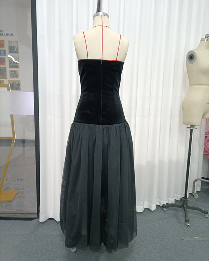 Black Velvet Lace-Up Gold Accent Tulle Maxi Dress
