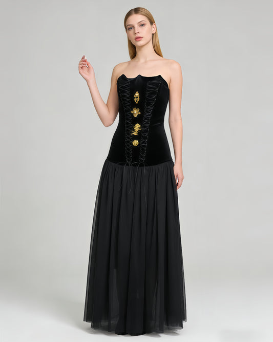 Black Velvet Lace-Up Gold Accent Tulle Maxi Dress