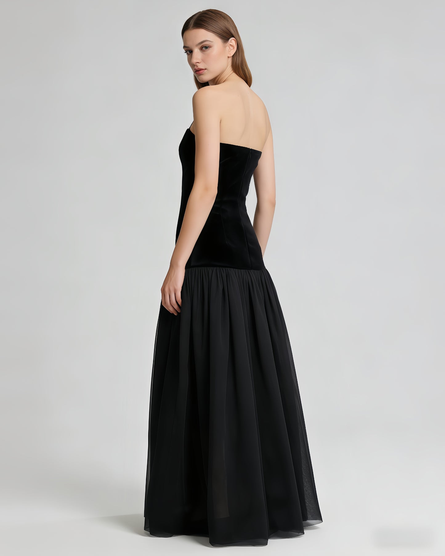 Black Velvet Lace-Up Gold Accent Tulle Maxi Dress