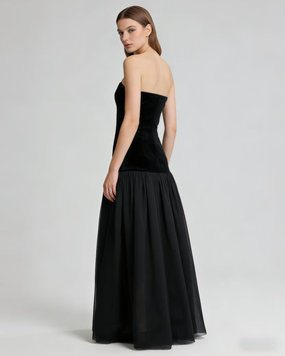 Black Velvet Lace-Up Gold Accent Tulle Maxi Dress