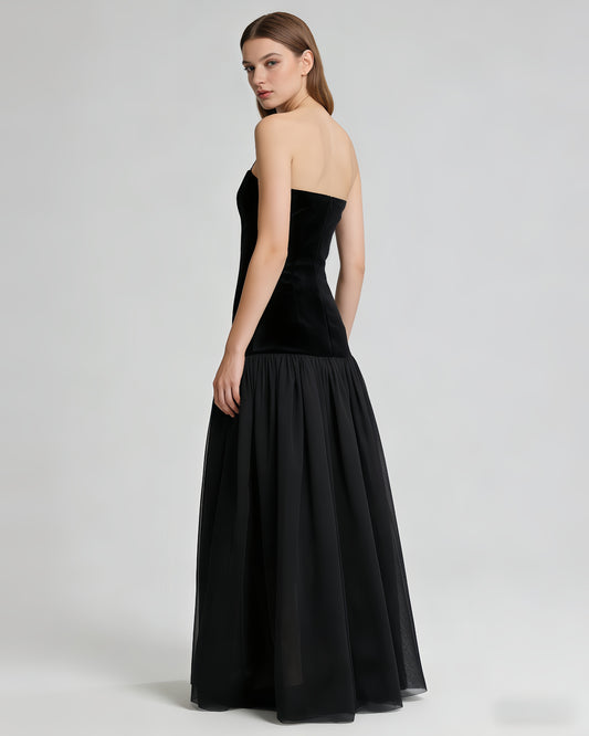 Black Velvet Lace-Up Gold Accent Tulle Maxi Dress