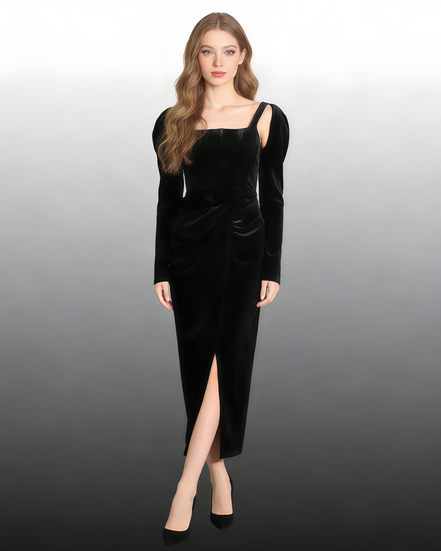 Black Velvet Maxi Dress with Square Neck