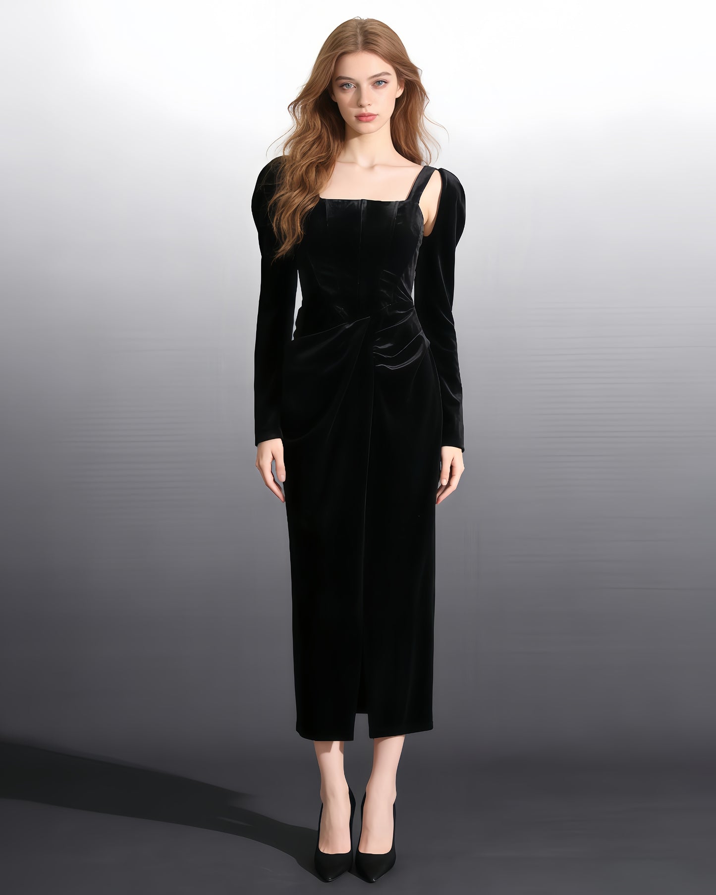 Black Velvet Maxi Dress with Square Neck