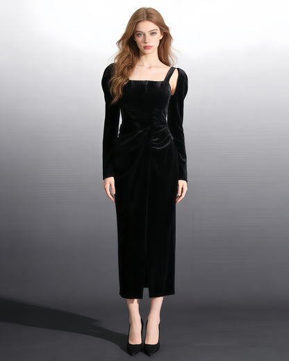 Black Velvet Maxi Dress with Square Neck