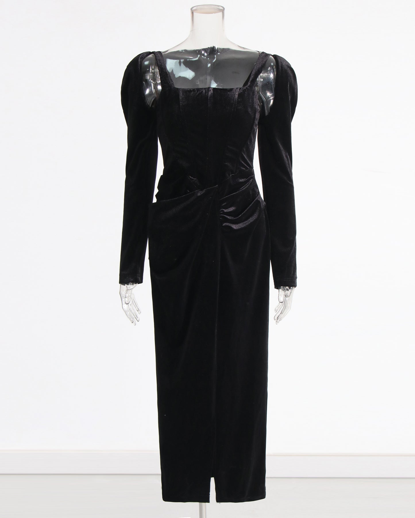 Black Velvet Maxi Dress with Square Neck
