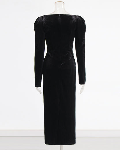 Black Velvet Maxi Dress with Square Neck