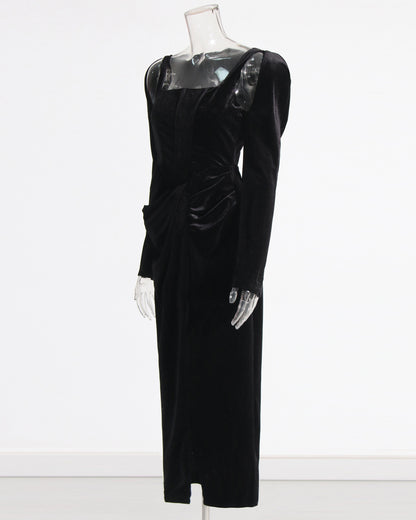 Black Velvet Maxi Dress with Square Neck