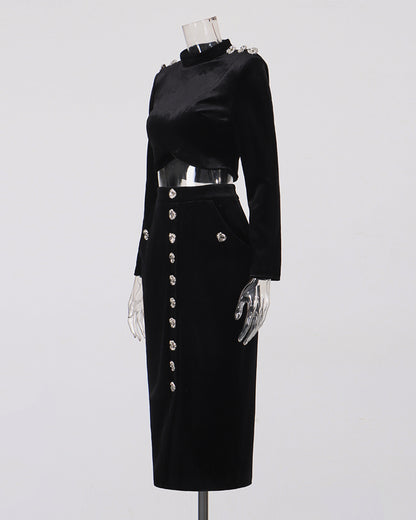 Black Velvet Rhinestone 2-Piece Set