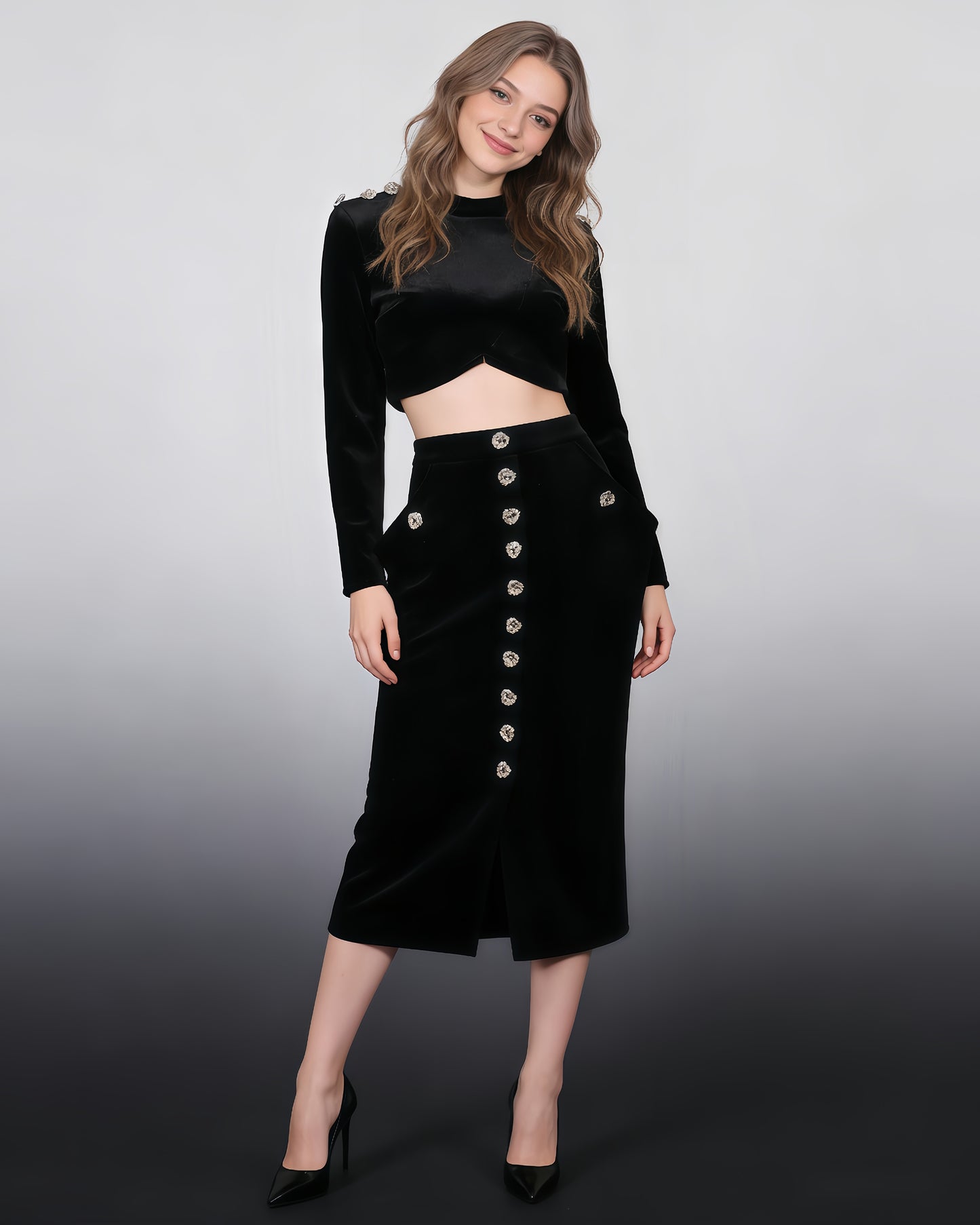 Black Velvet Rhinestone 2-Piece Set