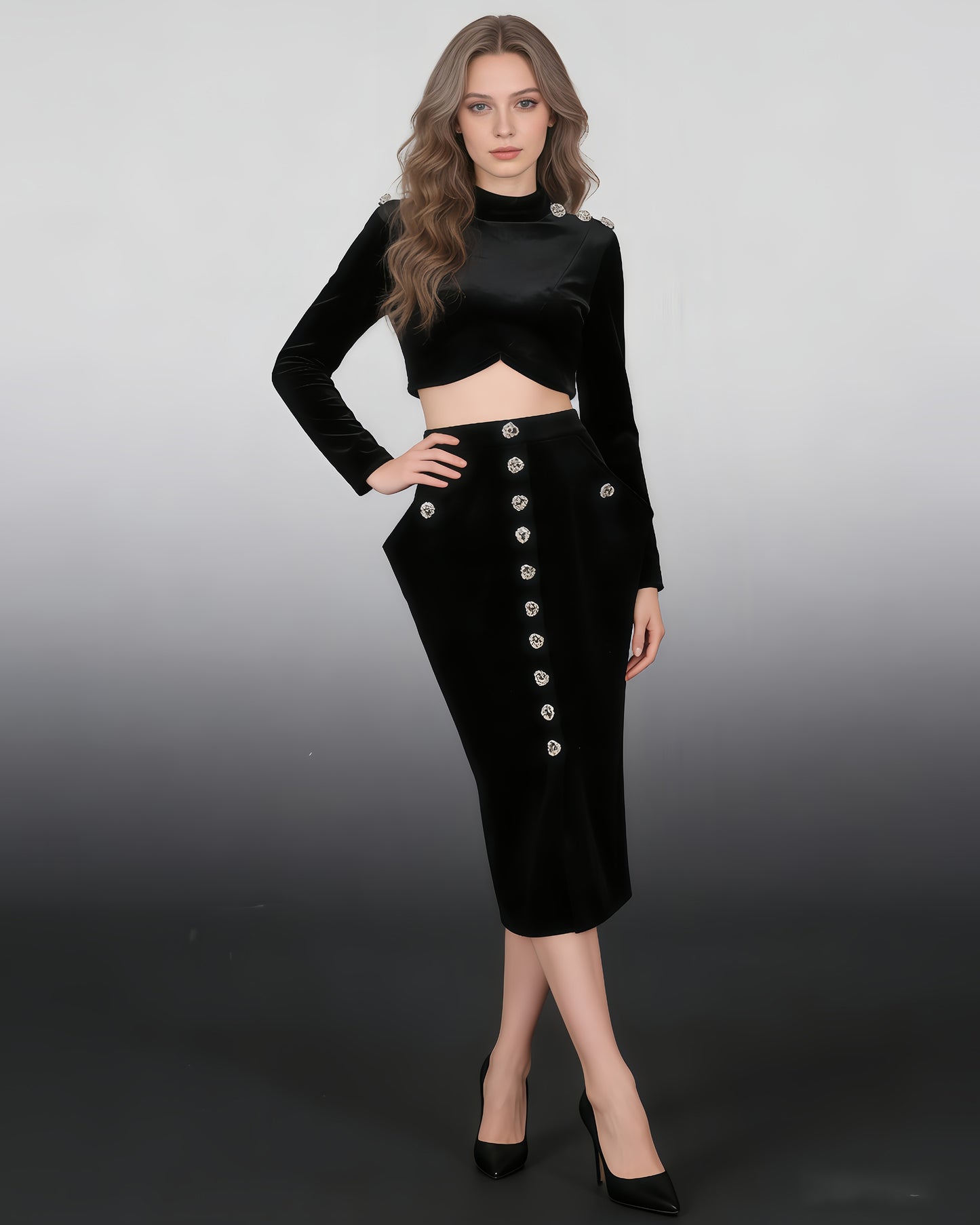 Black Velvet Rhinestone 2-Piece Set