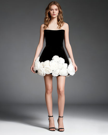 Black Velvet Strapless Dress with White Rose Trim