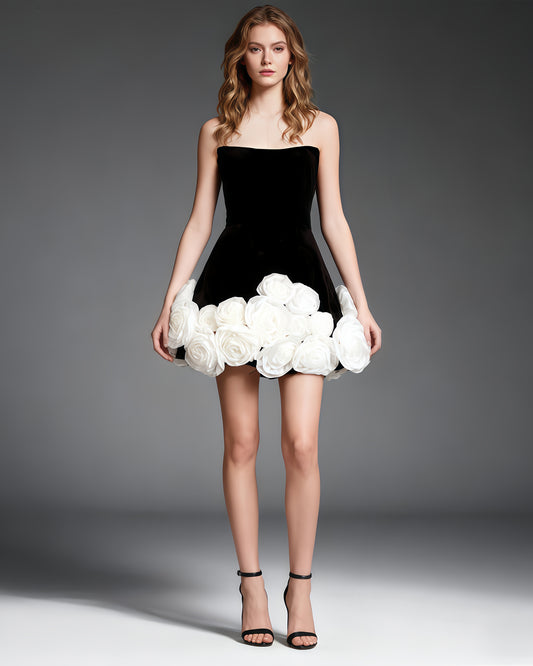 Black Velvet Strapless Dress with White Rose Trim
