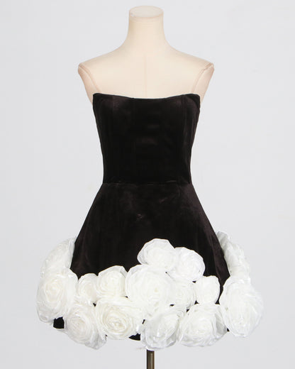 Black Velvet Strapless Dress with White Rose Trim