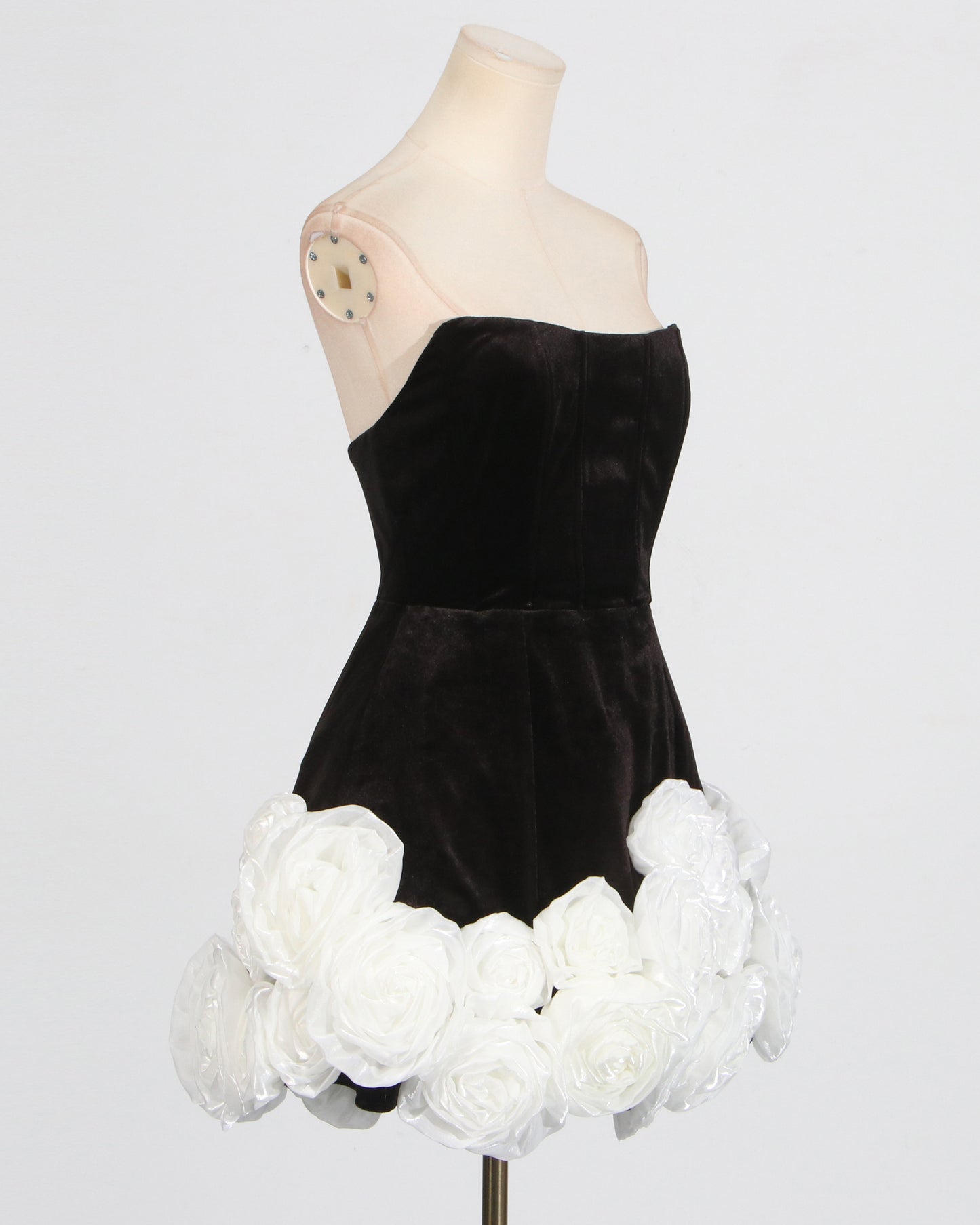 Black Velvet Strapless Dress with White Rose Trim
