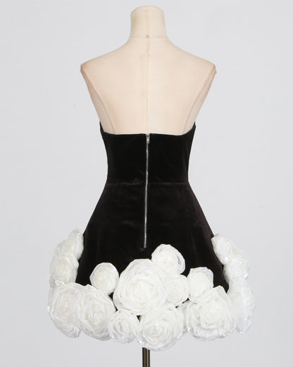 Black Velvet Strapless Dress with White Rose Trim