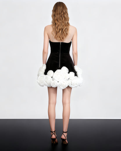 Black Velvet Strapless Dress with White Rose Trim