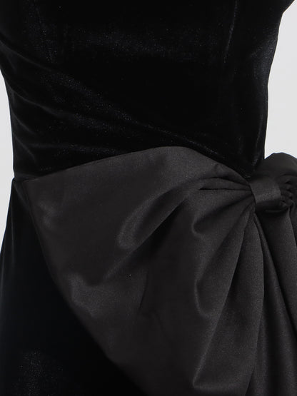 Black Velvet Strapless Midi Dress with Satin Bow