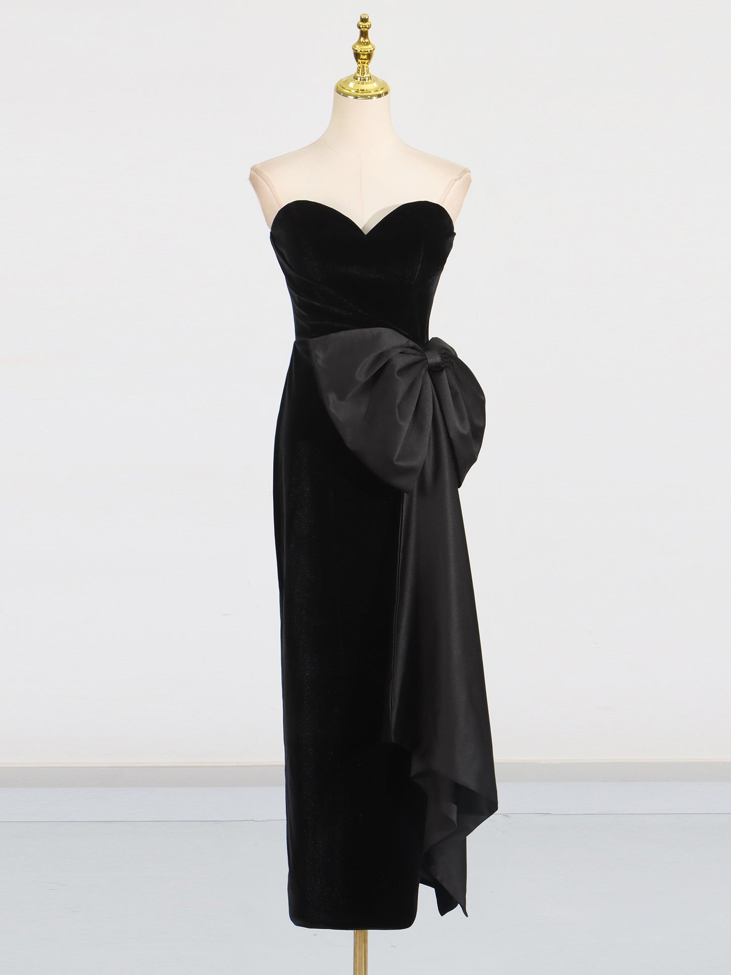 Black Velvet Strapless Midi Dress with Satin Bow