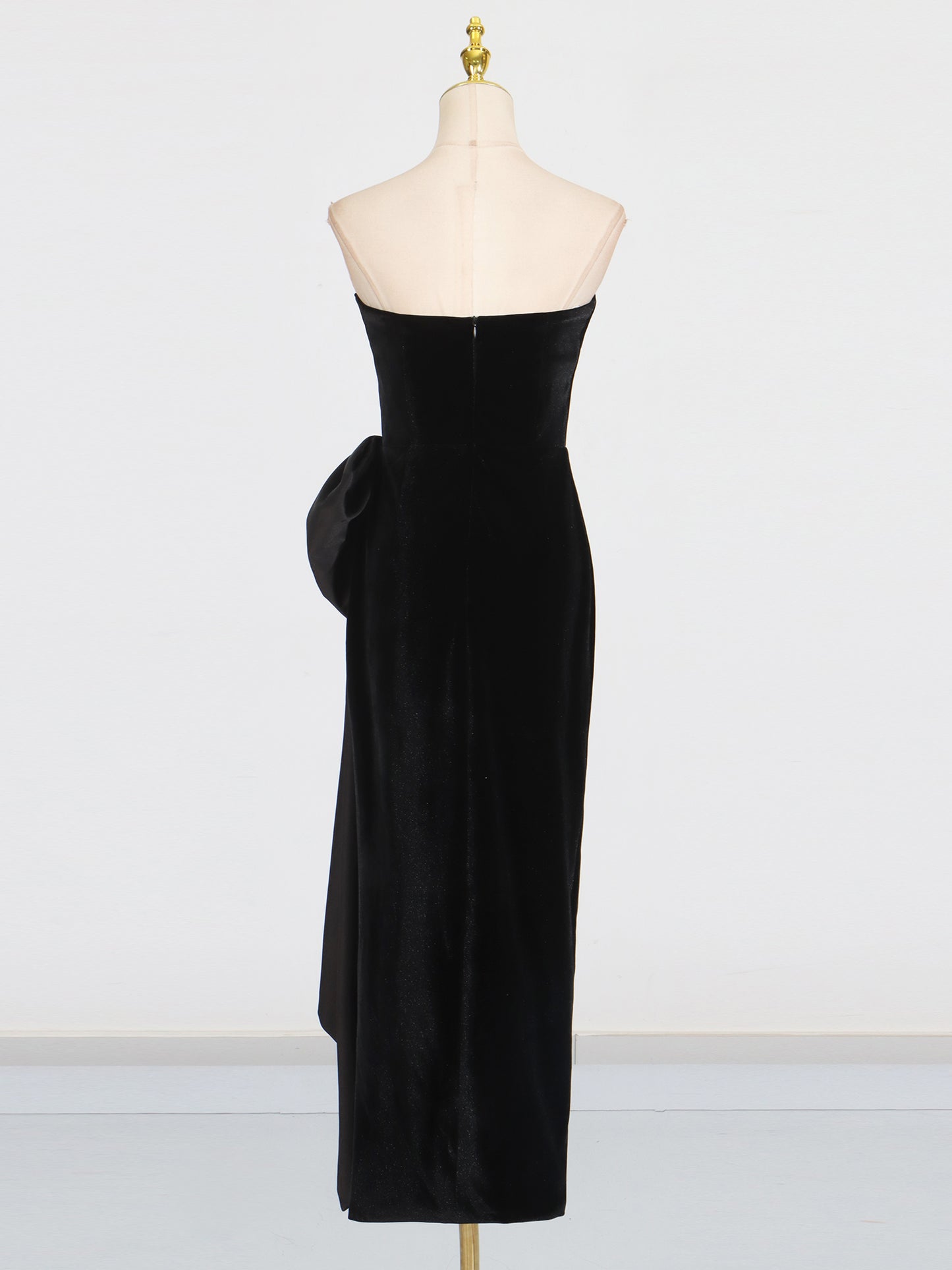 Black Velvet Strapless Midi Dress with Satin Bow