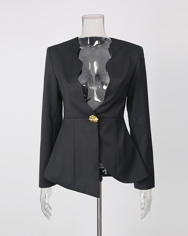 Wavy Neckline Gold Button Asymmetric Hem Jacket