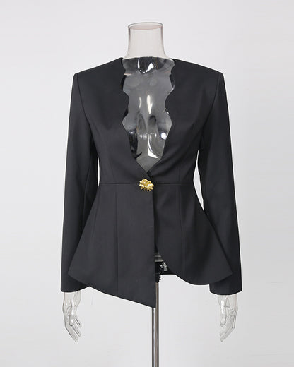 Wavy Neckline Gold Button Asymmetric Hem Jacket