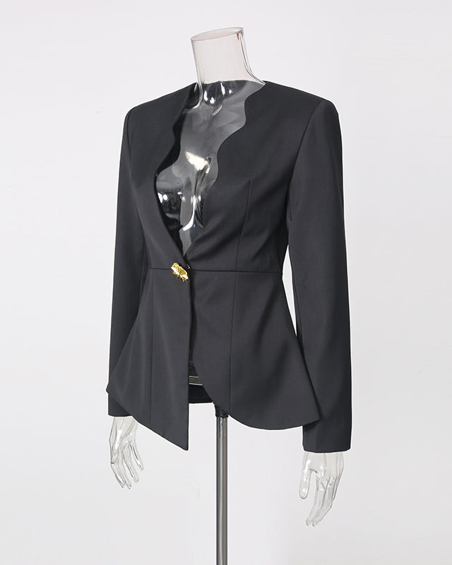Wavy Neckline Gold Button Asymmetric Hem Jacket
